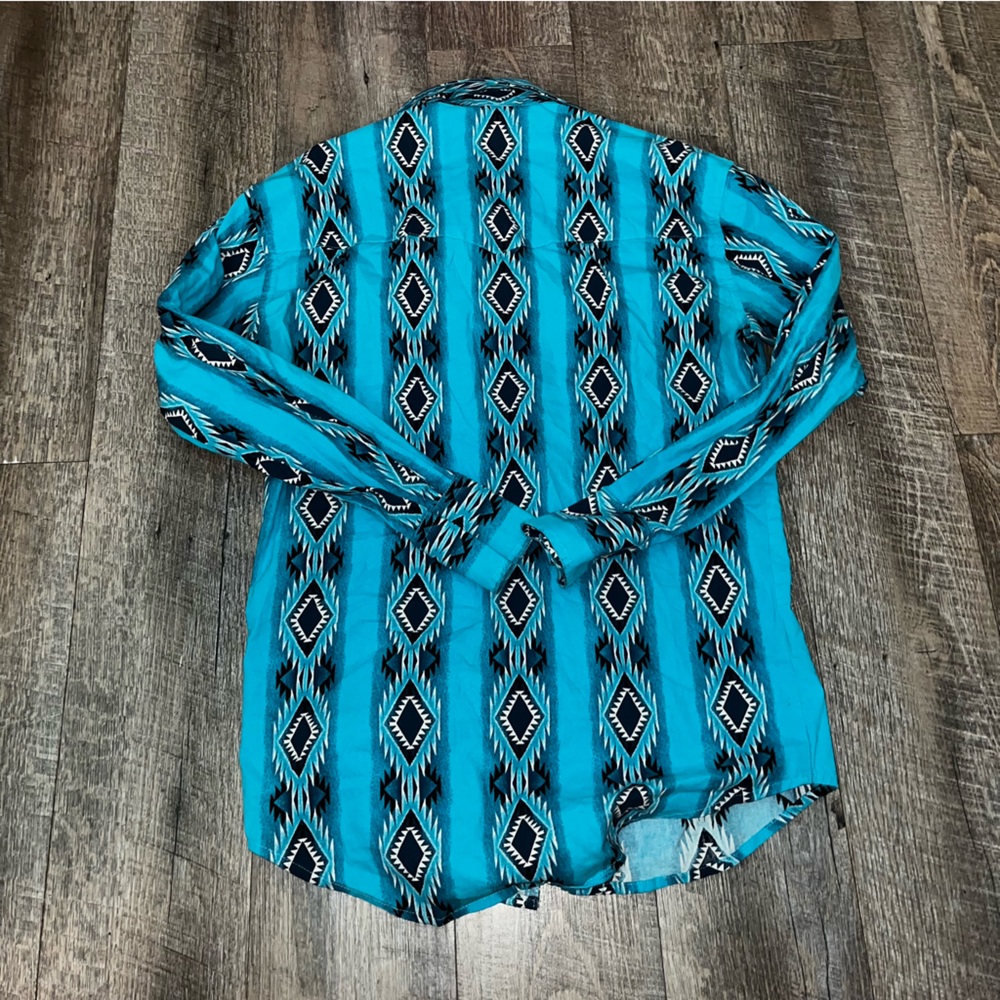 Vintage 90s Men Small Wrangler Western Pearl Snap Long Sleeved Shirt Blue Aztec - Picture 4 of 5